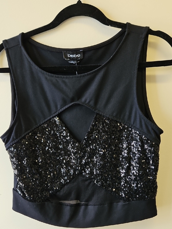 bebe Tops - bebe Black Sequin Sleeveless Crop Top with Keyhole Sz Large